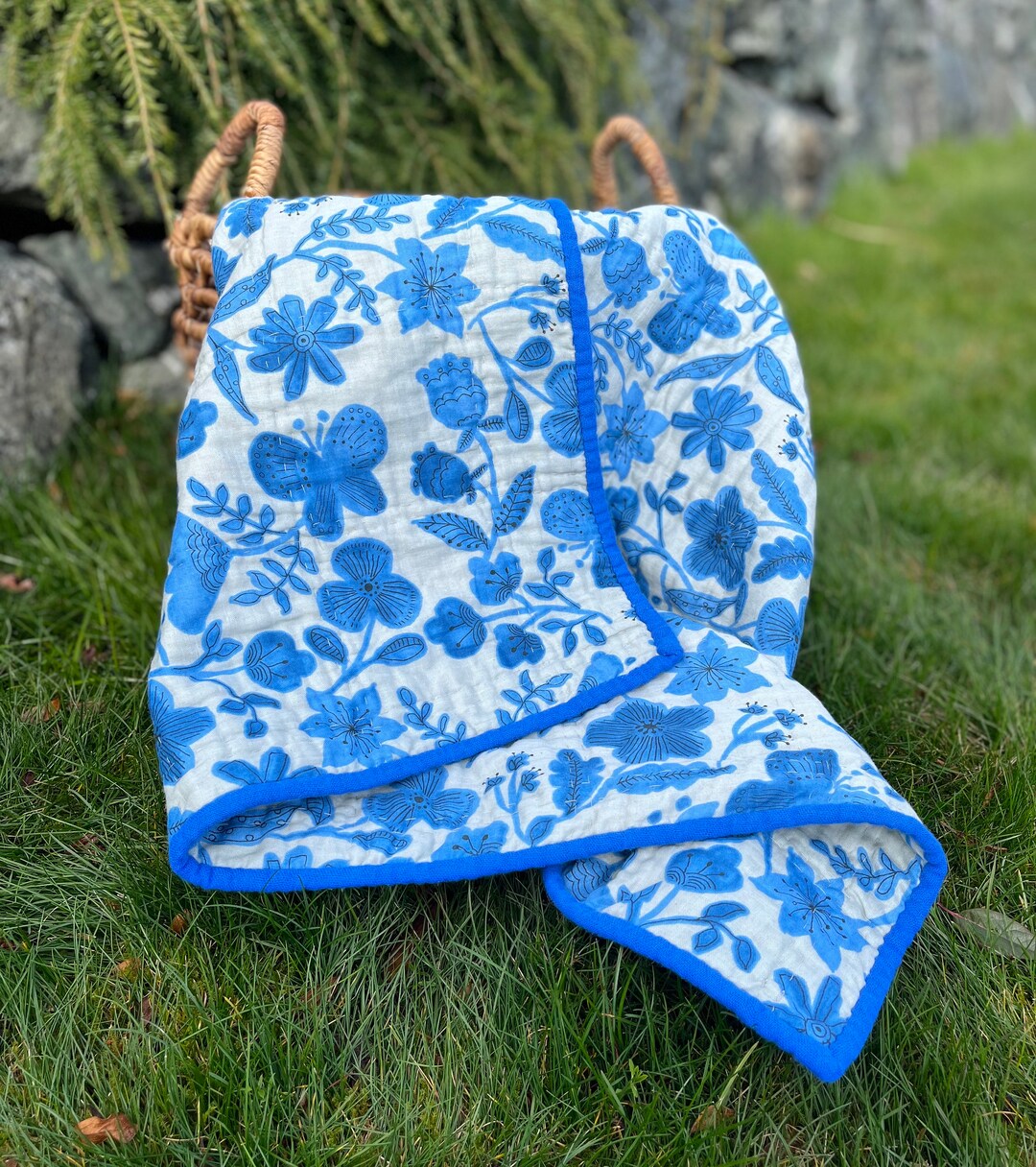 Blue Floral Baby Quilt Double Gauze Baby Quilt Hand Etsy