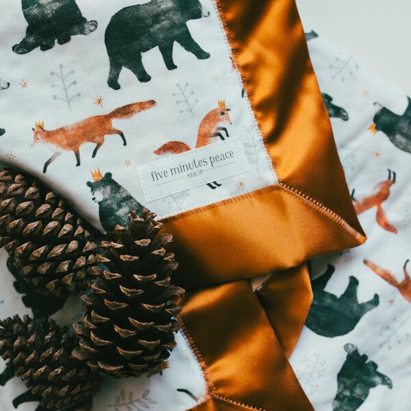 Bear & Fox Minky Blanket Satin Trim | Royal Crown Animals | Woodland Baby Blanket | Baby Boy Blanket | Gold Minky Blanket | Modern Baby Gift
