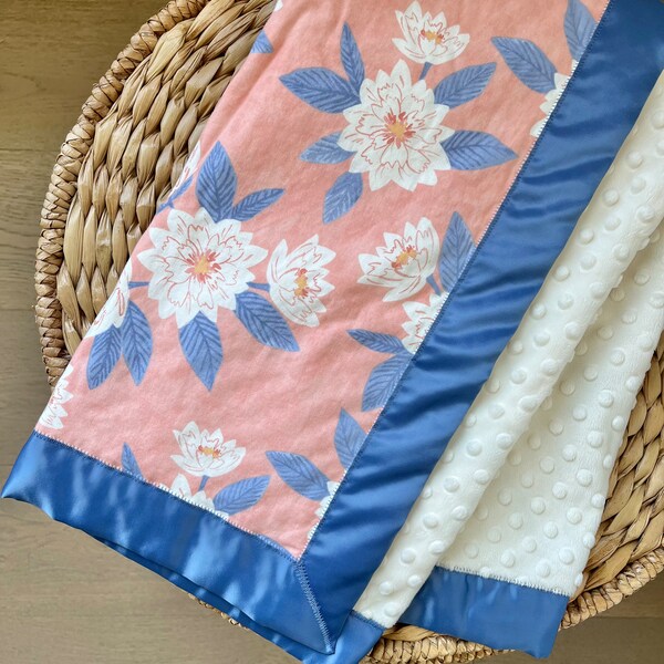 White & Peach Floral Minky Baby Blanket Satin Trim | White Flower | Blue Coral Peach | Modern Floral | Baby Girl Nursery | Baby Shower Gift