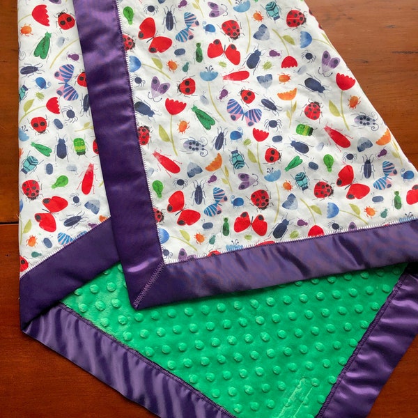 Bug Minky Baby Blanket Satin Trim | Purple & Green | Colorful Gender Neutral | Nature Nursery | Toddler Blanket | Ladybug Insect Garden