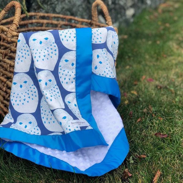 Snow Owl Baby Minky Blanket Satin Trim | Gender Neutral Baby Blanket | Blue & White Minky Blanket | Woodland Nursery | Modern Baby Gift Set