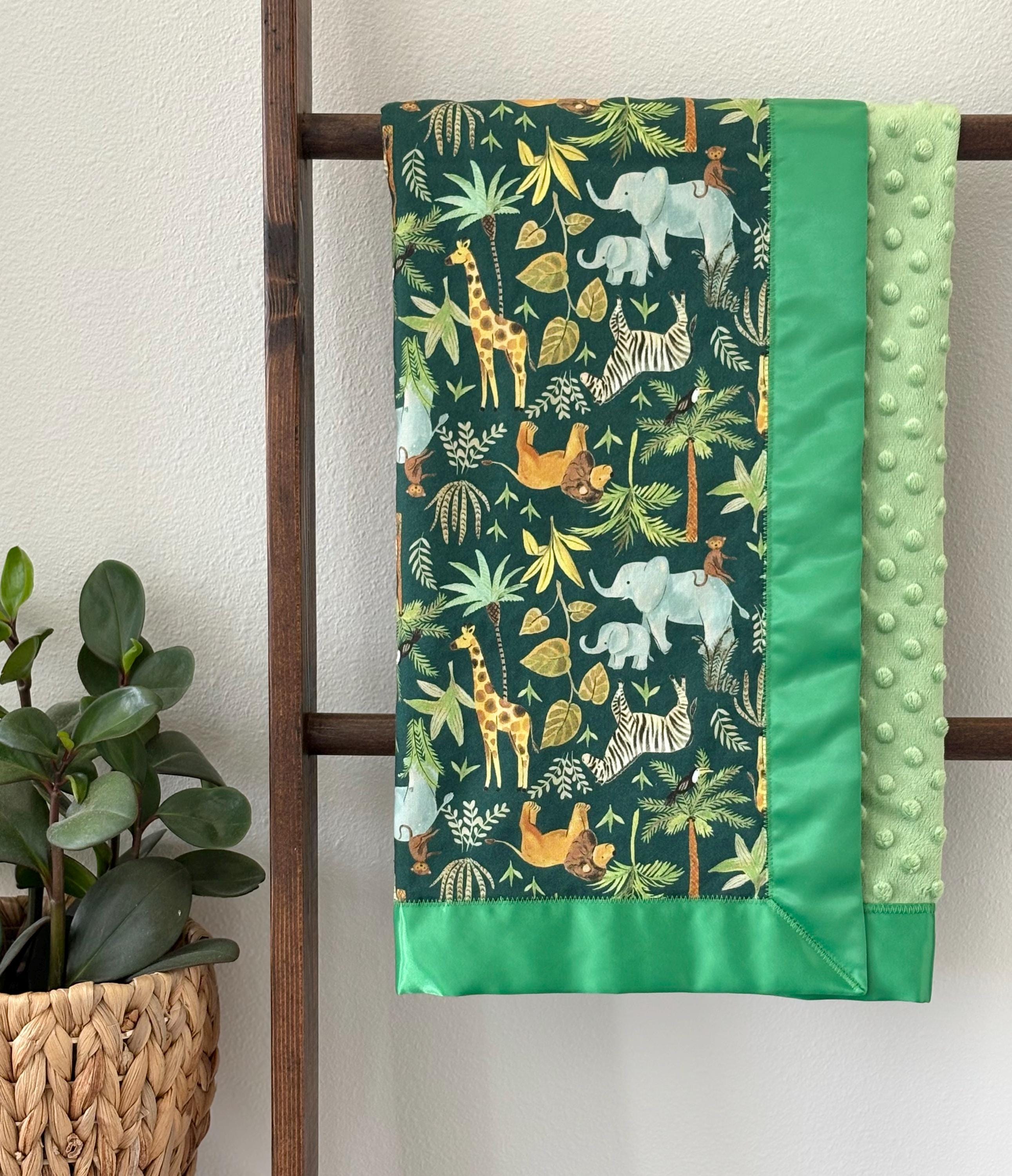 Jungle Animals Minky Baby Blanket: Green Safari Satin Trim