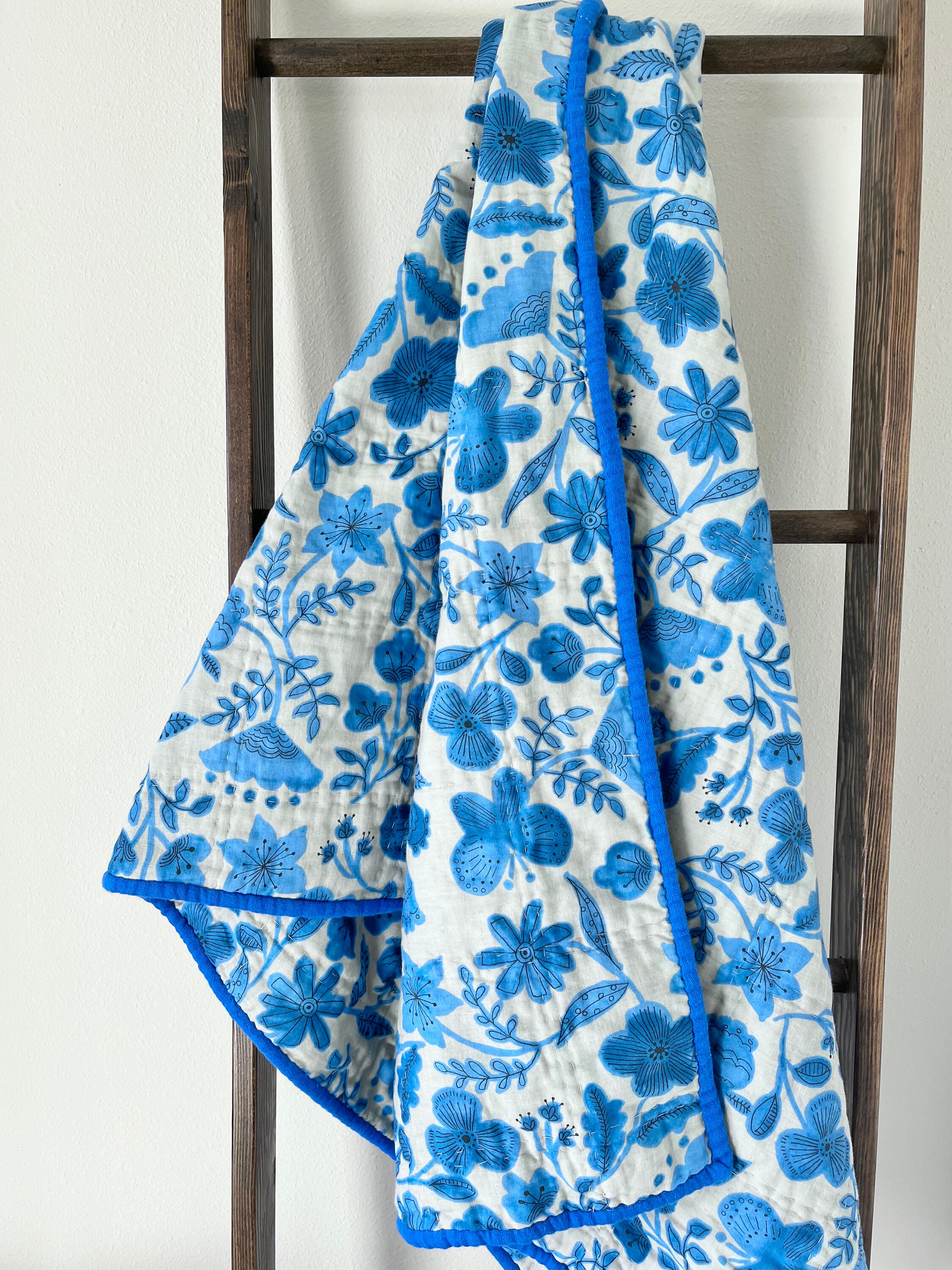 Blue Floral Baby Quilt Double Gauze Baby Quilt Hand Etsy