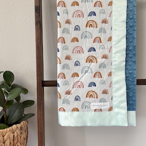 Rainbow Minky Baby Blanket Satin Trim | Gender Neutral Rainbow Baby | Muted Tones | Blue Pink Mint Copper | Baby Shower Gift | Baby Blanket