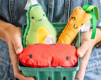 Fruit & Veggie Baby Plush Toys | Plush Baby Gym Toy | Vegetable Toy | Rattle Crinkle Ribbon Toy | Gender Neutral | Carrot Avocado Tomato