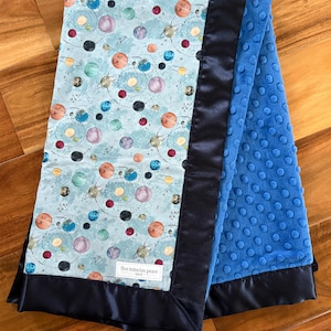 Outer Space Minky Baby Blanket Satin Trim | Planets Sun Moon Stars | Solar System Space Nursery | Rocket Ship | Shower Gift | Gender Neutral