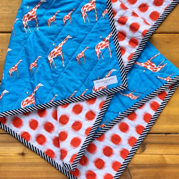 Giraffe Family Baby Quilt | Blue Orange Black White | Modern Baby Blanket | Vintage Vibe Baby Quilt | Jungle Nursery| Gender Neutral Blanket