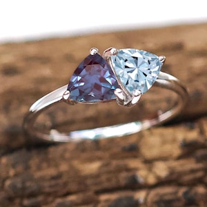 14K Gold Aquamarine Engagement Ring For Women Dual Gemstone Dual Birthstone Ring Dainty Alexandrite Gemstone Ring Minimalist Promise Ring