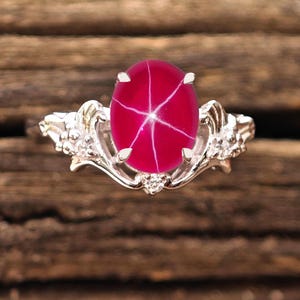 Art Deco Ruby Star Ring For Women 925 Silver Ruby Star Engagement Ring Oval Shape Ruby Star Wedding Ring Antique Floral Design Promise Ring
