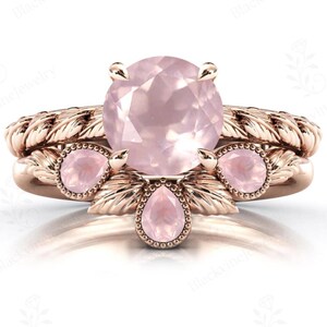 Nature Inspired Rose Quartz Engagement Ring Set For Women Art Deco Leaf Design Ring Set 925 Silver Rose Quartz Wedding Ring Set Gift For Her