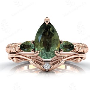Unique Leaf Style Moldavite Wedding Ring Set For Women Pear Cut Moldavite Bridal Ring Set 925 Silver Moldavite Wedding Anniversary Ring Set
