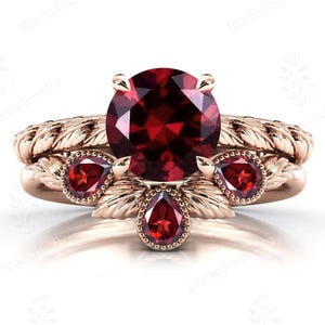 Art Deco Roter Granat Ehering Set für Frauen Vintage 2 Stück Ehering Set 14K Gold Roter Granat Antikes Brautring Set Geschenk für Frauen