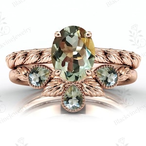 14K Gold Green Amethyst Engagement Ring Set Art Deco Leaf Style 2 Piece Ring Set Vintage Amethyst Bridal Promise Ring Set Gift For Women