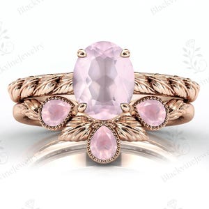 Vine Leaf Design Rose Quartz Ring Set For Her 14K Gold Rose Quartz Wedding Ring Set Art Deco 2 Pcs Wedding Ring Set Nature Inspired Ring Set