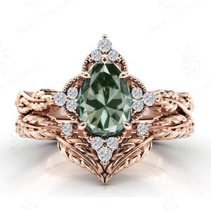 Mint Color Green Amethyst Ring Set For Women Vintage Leaf Design Wedding Ring Set 14K Gold Amethyst 2 Piece Engagement Ring Set Gift For Her