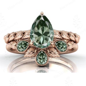 Mint Color Green Amethyst Ring Set For Women Art Deco Pear Cut Amethyst Wedding Ring Set 14K Gold Amethyst  Nature Inspired Ring Set For Her