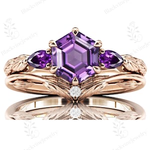 Art Deco Purple Amethyst Ring Set For Women 925 Silver Amethyst Statement Ring Set Hexagon Cut Amethyst Gemstone Ring Set Anniversary Gift