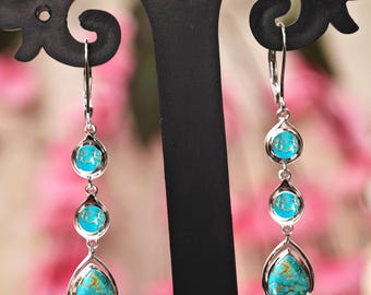 Orecchini in turchese di rame naturale per donna, orecchini pendenti in turchese in argento 925, orecchini pendenti lunghi unici a forma di lacrima, regalo di anniversario