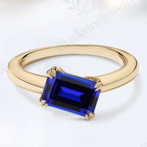 Unique Blue Sapphire Solitaire Engagement Ring Elegant Emerald Cut Sapphire Wedding Ring 925 Silver Sapphire Statement Ring Gift For Women