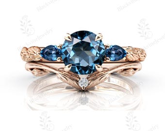 職人によるブルートパーズシルバーリングセット - 自然にインスパイア