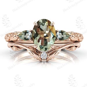 Vintage Green Amethyst Engagement Ring Set For Women 14K Gold Amethyst Wedding Ring Set Art Deco Leaf Design Bridal Ring Set Gift For Women