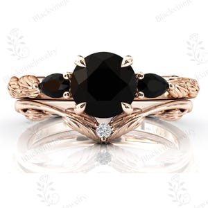 Vintage Black Onyx Leaf Design Ring Set 925 Silver Black Onyx Bridal Ring Set Art Deco 2 Piece Black Gemstone Ring Set Unique Promise Ring