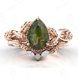 Nature Inspired Moldavite Wedding Ring Set Unique Leaf Design Wedding Ring Set 925 Silver Moldavite Bridal Promise Ring Set Anniversary Gift