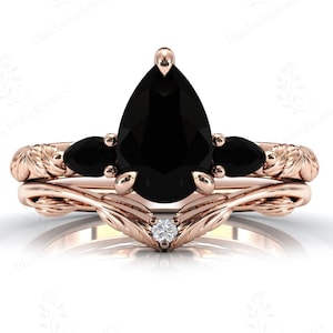 Pear Cut Black Onyx Engagement Ring Set For Women 14K Gold Black Onyx Art Deco Leaf Ring Set Vintage 2 Piece Wedding Ring Set Gift For Women