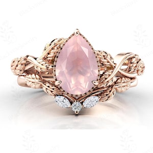 14K Gold Rose Quartz Engagement Ring Set Pear Cut Rose Quartz Wedding Ring Set Vintage Leaf Design Bridal Promise Ring Set Gift For Women