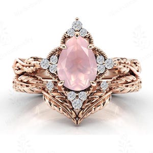 Vintage Rose Quartz Engagement Ring Set 925 Silver Rose Quartz Wedding Ring Set Unique Leaf Design Bridal Ring Set Anniversary Gift For Her