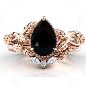 Vintage Black Onyx Gemstone Ring Set For Women 14K Gold Black Onyx Wedding Ring Set Art Deco Vine Leaf Design Bridal Rings Set Promise Ring