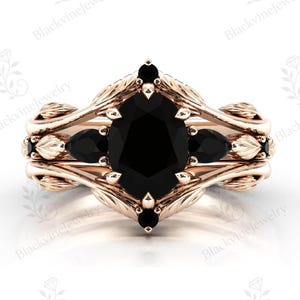 Art Deco Black Onyx Engagement Ring Set 14K Gold Black Onyx 3 Piece Wedding Ring Set Unique Leaf Design Bridal Ring Set Gift For Women