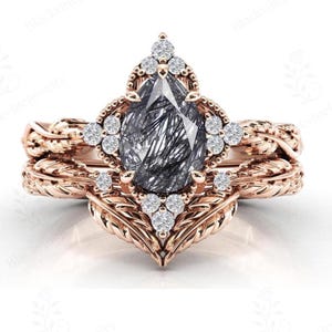 Black Rutilated Quartz Engagement Ring Set Vintage Leaf Design Wedding Ring Set Pear Cut Rutile Bridal Promise Ring Set Nature Inspired Ring