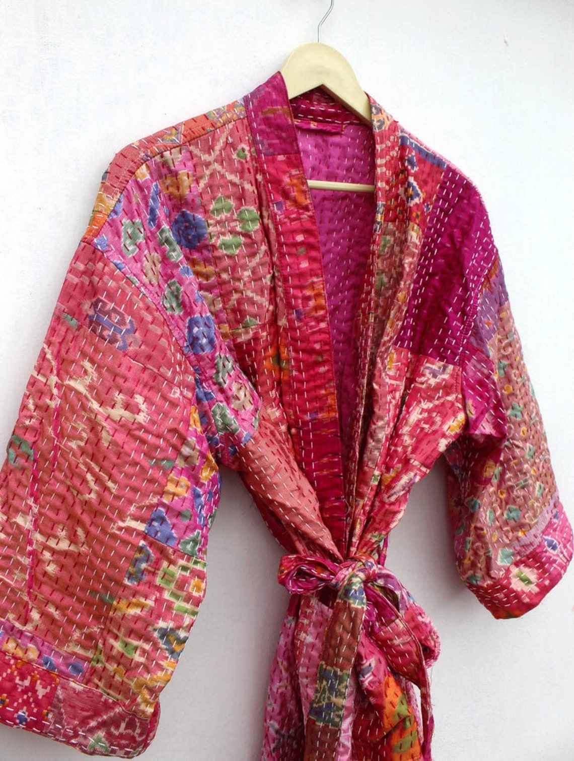 Pink Kantha Jacket Kantha Kimono Sari Patchwork Robe Silk - Etsy