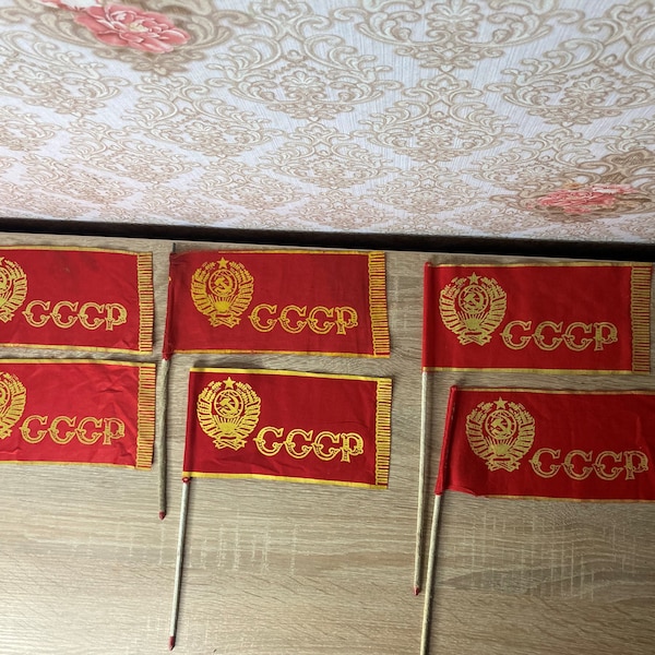 Set of 6 Vintage Soviet Flags on Metal Sticks Covered with Fabric, Soviet Propaganda