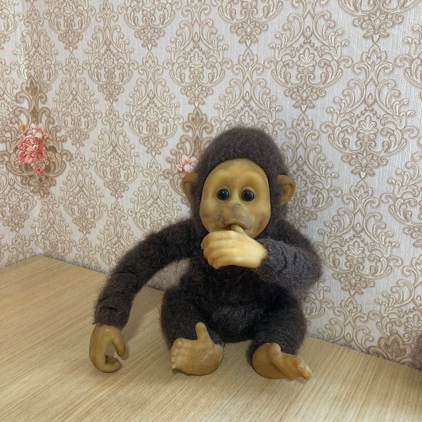 Vintage Monkey Hand Puppet Plush Stuffed Toy Noise Making Rubber monkey