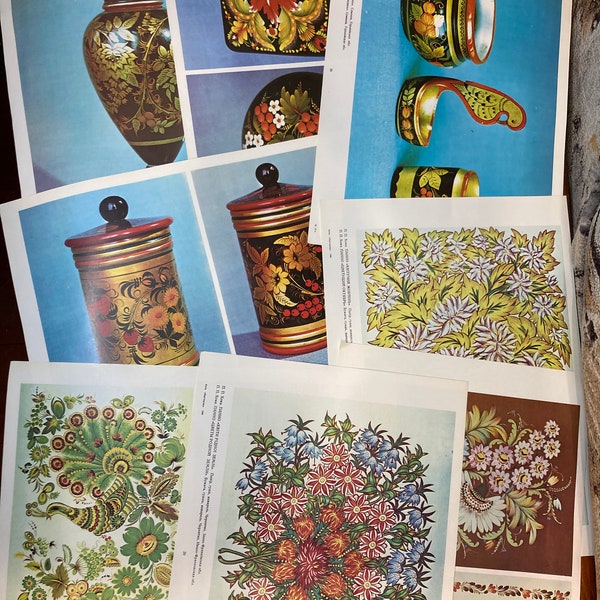 Un ensemble de brochures avec des panneaux, des produits décoratifs peints, des cercueils, des vases, dans le style ukrainien