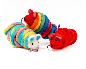 Cat toy wool mouse with a 6-foot-long tail - handmade - in red, rainbow tail, unicorn swirl - great Pride/LGBTQ+ gift