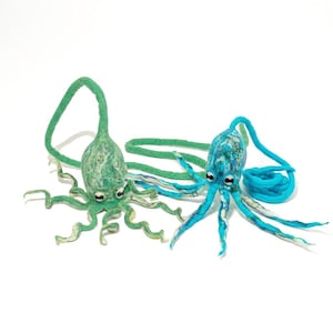 Cat toy wool octopus toy with a 4-foot-long tether. "Ink Floyd" by Cat in the Box. Handmade in Nepal. blue or green. Fair Trade certified