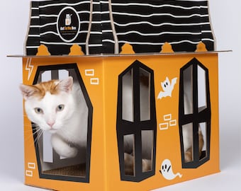 Spooky Cat Haunted House - Boîte en carton Halloween Playhouse pour chats, chatons, lapins, furets, cochons d'Inde