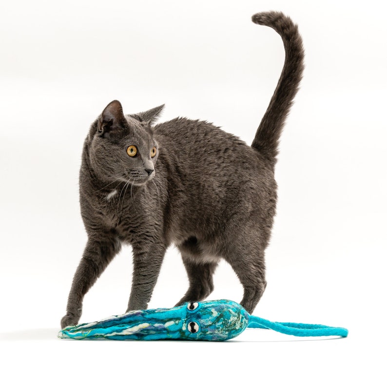 Katzenspielzeug Oktopus aus Wolle mit einem 1,20 m langen Halteband. Ink Floyd von Cat in the Box. Handarbeit aus Nepal. Arktisches Blau. Fair Trade zertifiziert Bild 9