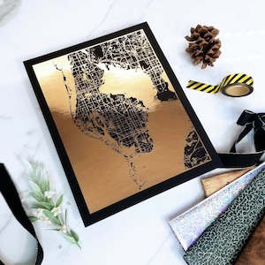 Custom Foil Map. ANY ADDRESS in real foil. 8x10&quot;art print with opt. 11x14&quot; metal frame (gold, silver, black, copper). Free draft preview.