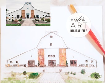 Your Venue in Watercolor. DIGITAL FILE - Print yourself, add to your Invitation, Wedding WebSite. Church, Barn, Field. Work with 1 artist!