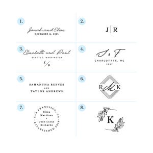 May include: Eight different designs with text and initials. The designs include names, dates, and initials in various fonts. Some designs are circular, while others are rectangular or square. The text is in black.
