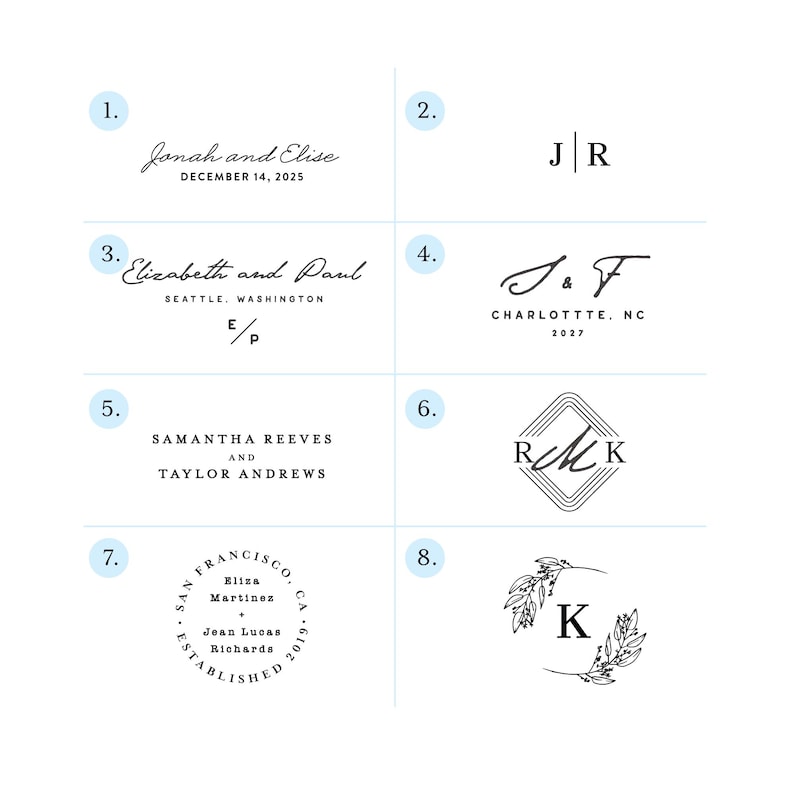 May include: Eight different designs with text and initials. The designs include names, dates, and initials in various fonts. Some designs are circular, while others are rectangular or square. The text is in black.
