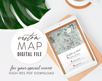 Custom Event Map, Digital download. Personalized with your addresses, colors, fonts, and style! For weddings, websites, and special events.