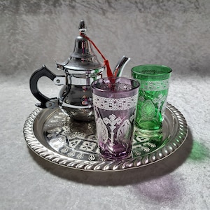 Moroccan Silver-Metal Plain Teapot, option of Two Tea Glasses and Tray FREE UK POSTAGE