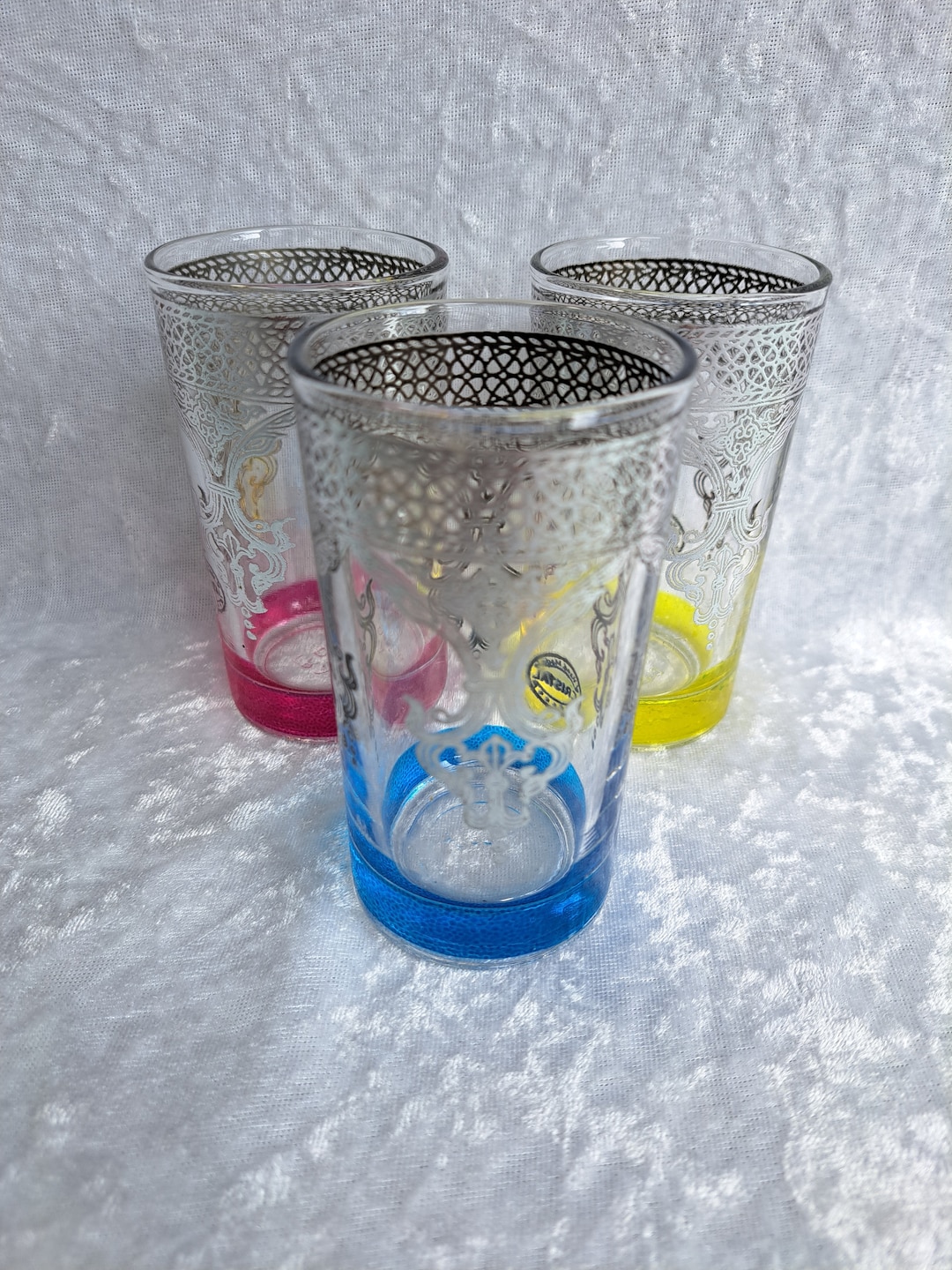 Moroccan Extra Large Tea Glasses Multicoloured Glass Base With Silver