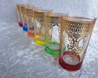 Moroccan Extra Large Tea Glasses Multi-Coloured Glass with Gold Traditional Pattern Set of 3, 6 or 12 FREE POSTAGE