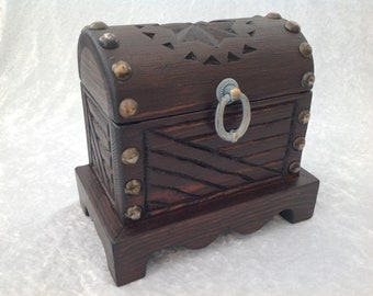 Handmade Carved Wooden Treasure Chest Small Pirate Chest Dark Brown